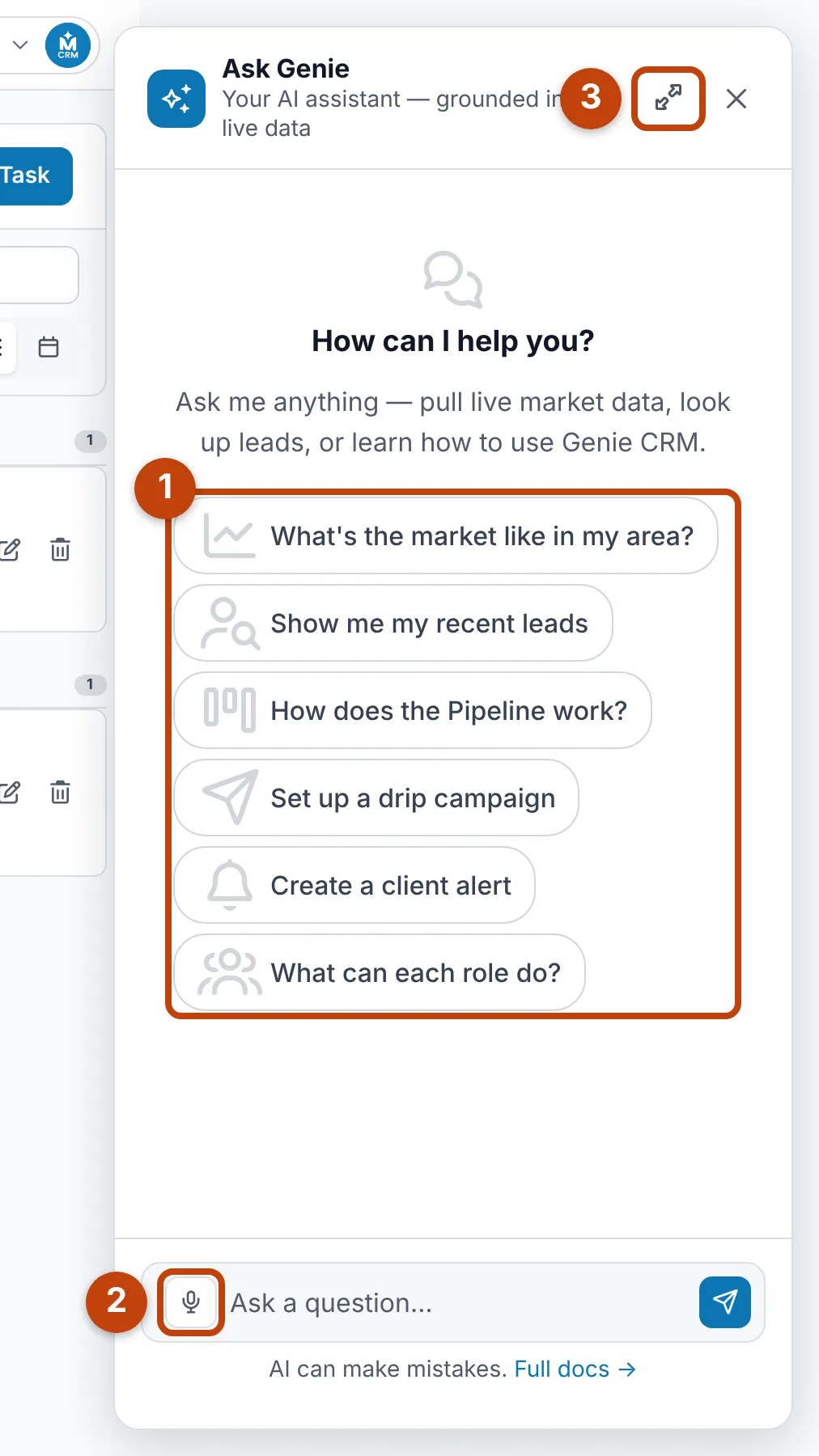 Ask Genie open beside a CRM screen, showing suggested questions