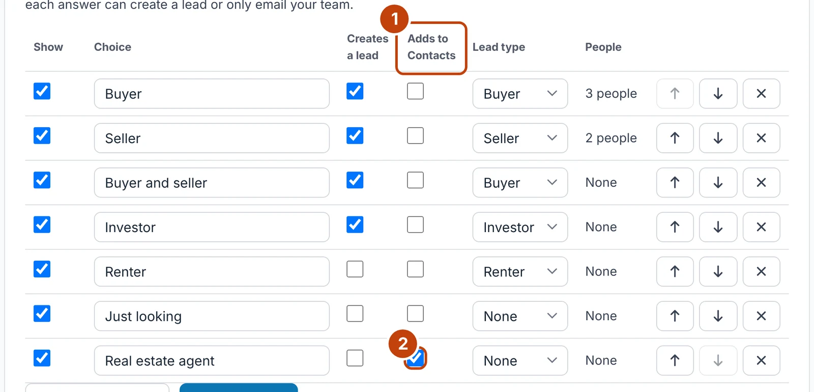 The I am a choices with Adds to Contacts