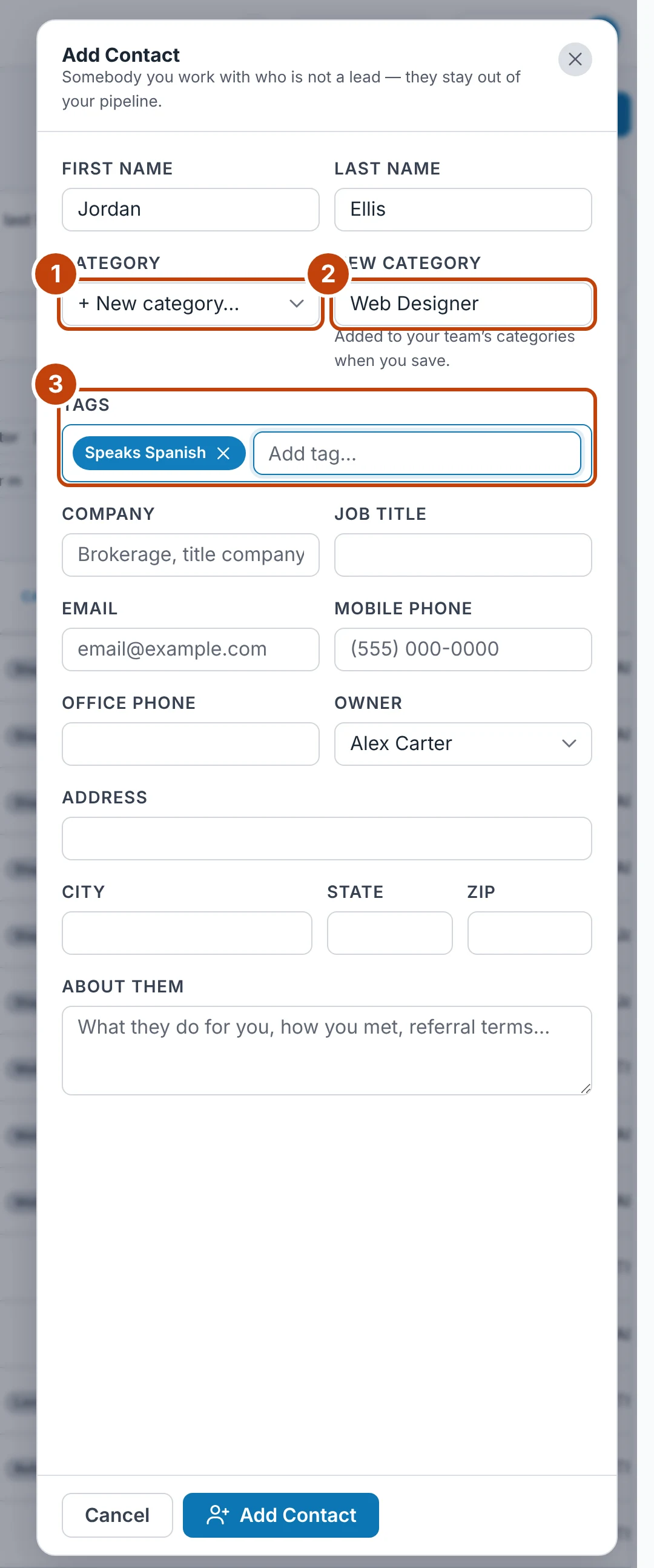 The Add Contact drawer, with a new category and a tag