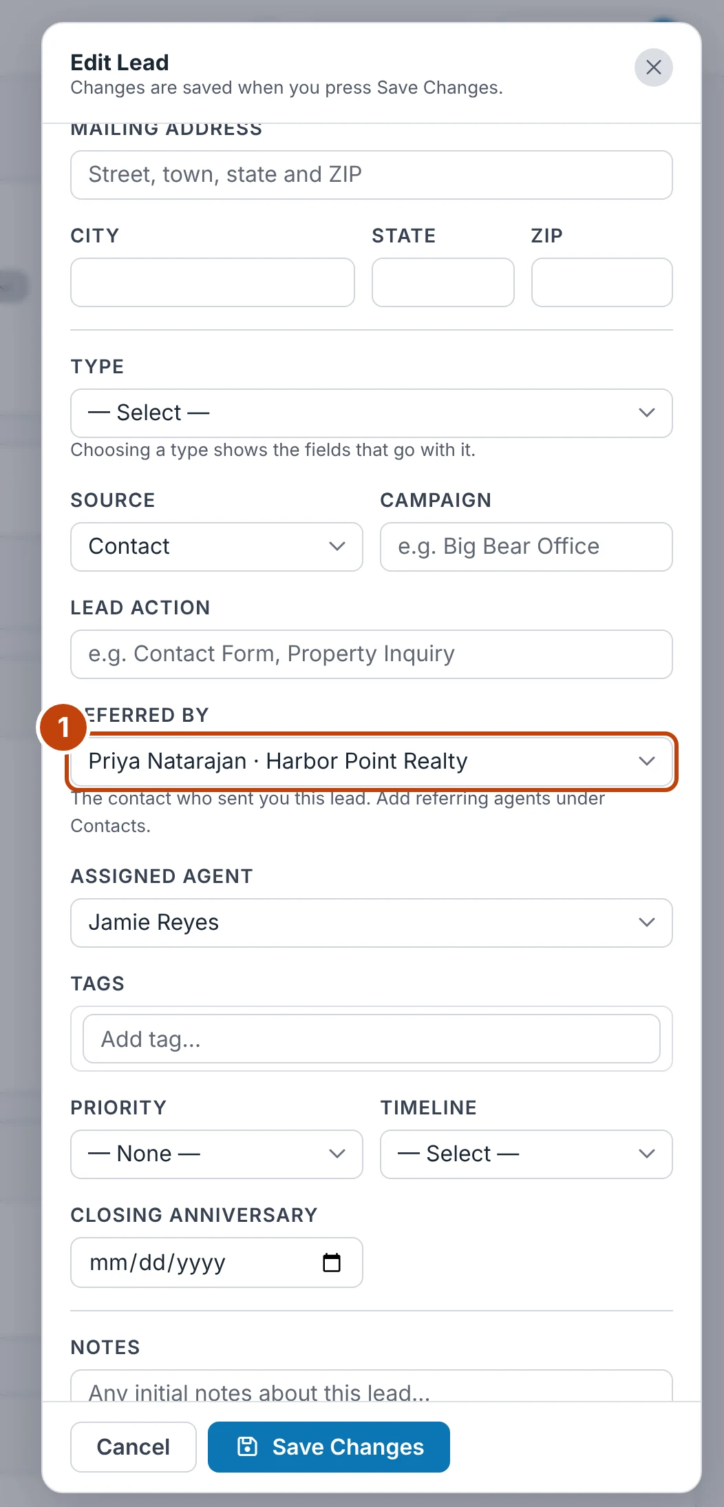 The Referred by field on Edit Lead
