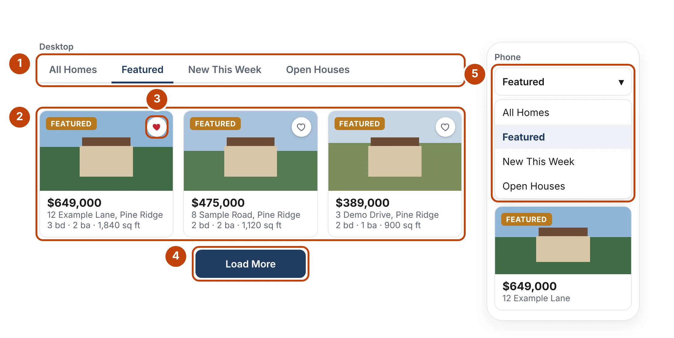 A Property Grid with four tabs on desktop and the same tabs as a menu on a phone