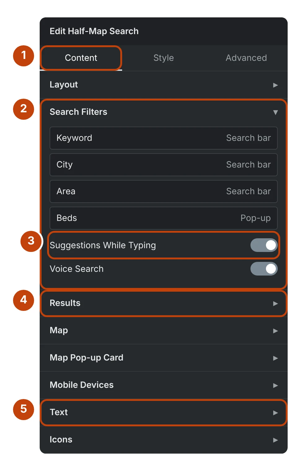 The Half-Map Search settings panel in Elementor