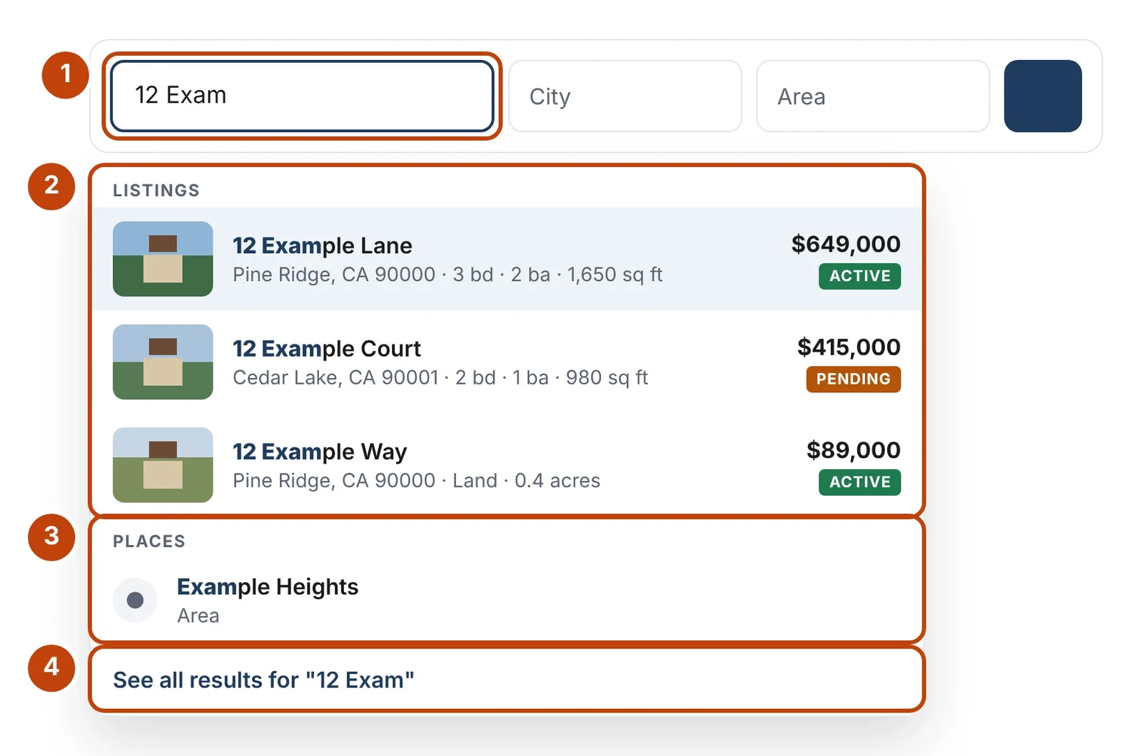 Suggestions under the keyword box as a visitor types an address