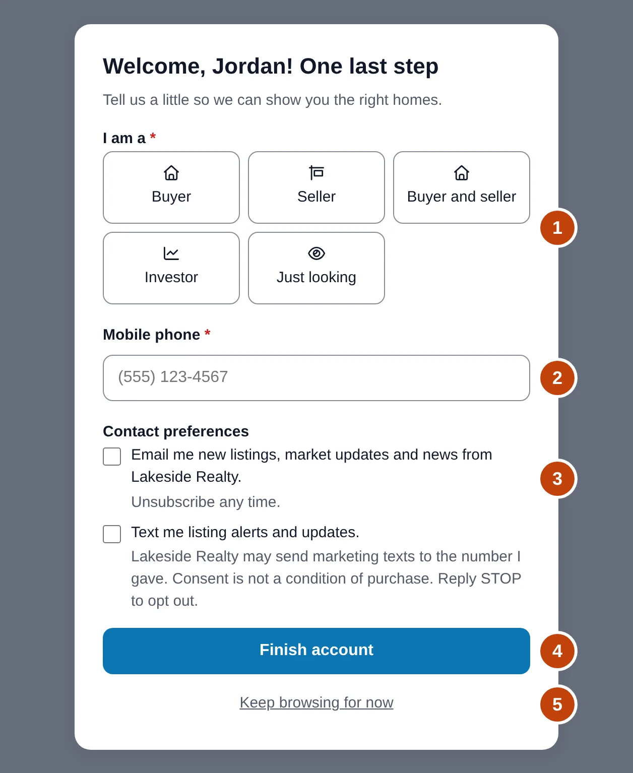 The Finish your account step after a Google sign-in