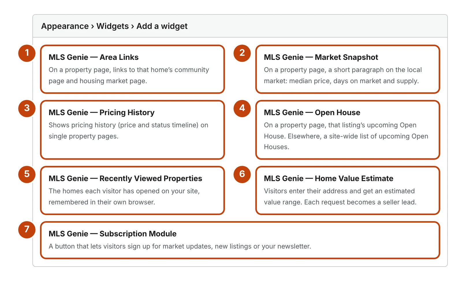 The MLS Genie widgets in Appearance › Widgets